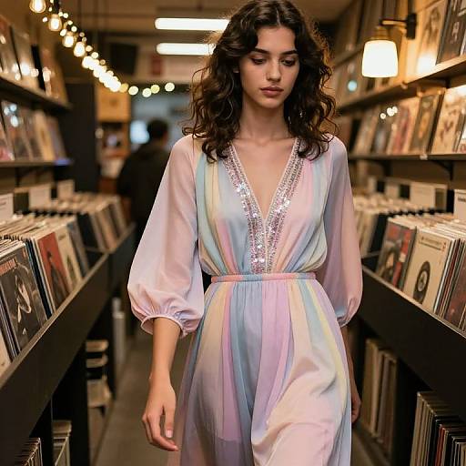 Photograph of a young woman with wavy brown hair, wearing a sheer, pastel-colored, V-neck dress with sparkling trim, walking through a