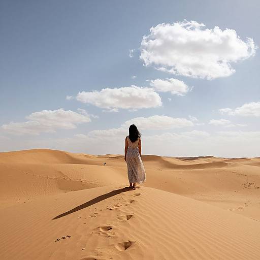 Photograph of a woman with long black hair, wearing a white, flowing dress, walking in vast, sunlit, orange desert sand dunes under