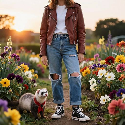 Teen with Ferret in Sunset Flower Garden