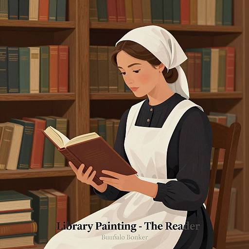 Digital illustration of a focused young woman in a black dress and white apron, reading a book in a library. Text reads 