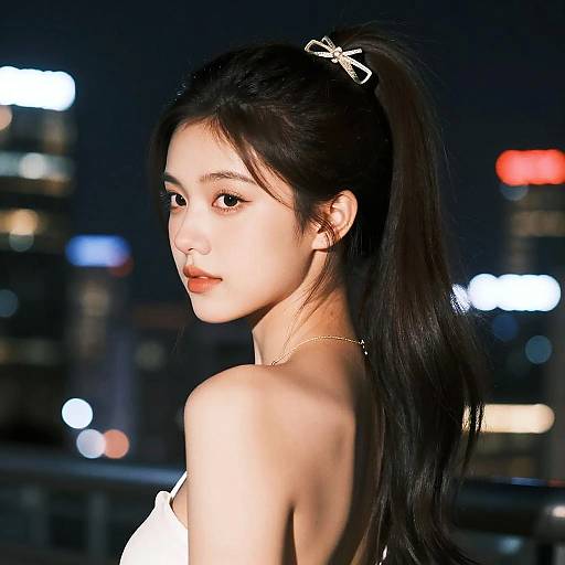 Photograph of an Asian woman with long black hair in a ponytail, wearing a white top, looking over her shoulder at night, city lights blurred