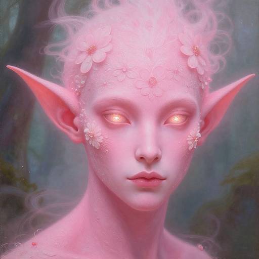 Digital artwork of a pink-skinned, ethereal elf with glowing eyes, pointed ears, and delicate flower-like hair adornments, set against a mist