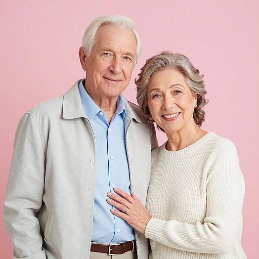 Photograph of an elderly Caucasian couple standing against a pink background; the man in a light gray jacket and blue shirt, the woman in a white knit