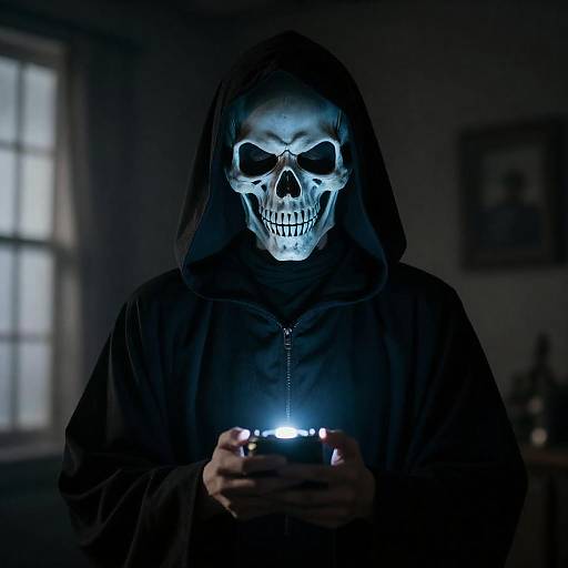Person in Hooded Robe with Skeletal Mask Holding Light