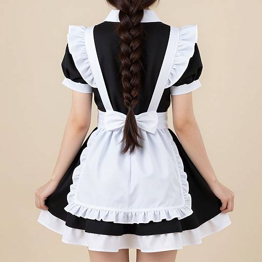 Photograph of a woman with long braided brown hair, wearing a black and white French maid uniform, viewed from the back.