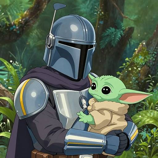 Digital art of a Jedi-like armored figure cradling a green, big-eared, cute creature with large black eyes in a lush forest.