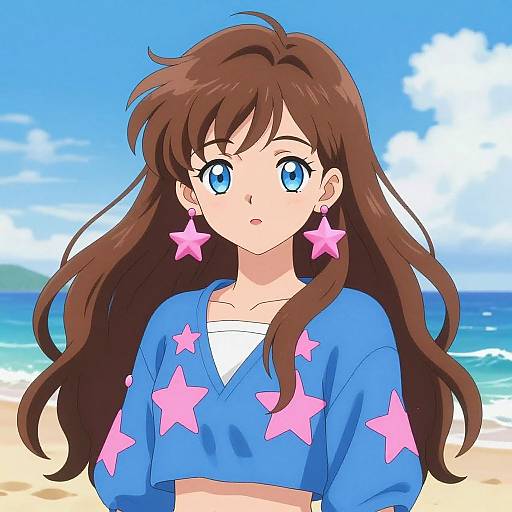 Anime-style illustration of a blue-eyed girl with long brown hair, wearing a blue shirt with pink stars, pink star earrings, on a sunny beach.