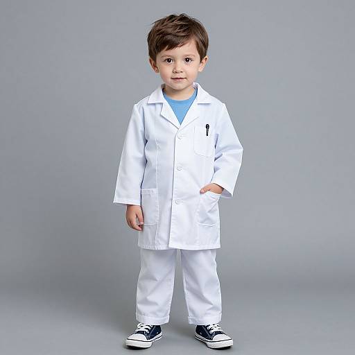 Photograph of a young boy with brown hair, wearing a white lab coat, white pants, blue shirt, and black sneakers, standing against a gray