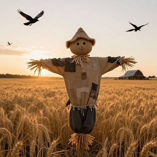 Rustic Scarecrow in Golden Wheat Field