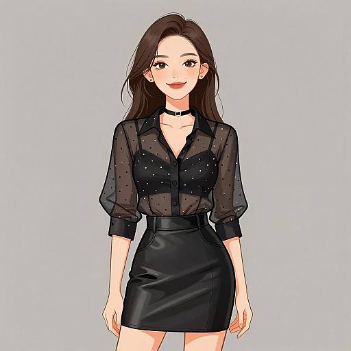 Digital anime-style drawing of a smiling Asian woman with long brown hair, wearing a black, sheer polka-dot blouse and a black leather skirt, against