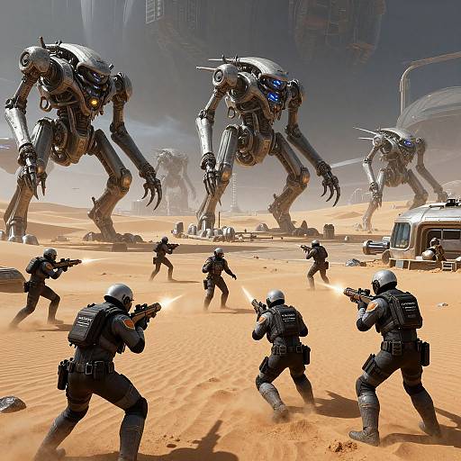 Digital artwork: Six armored soldiers in a desert, firing at three towering, mechanical, humanoid robots with glowing blue eyes. Dusty, orange sand d