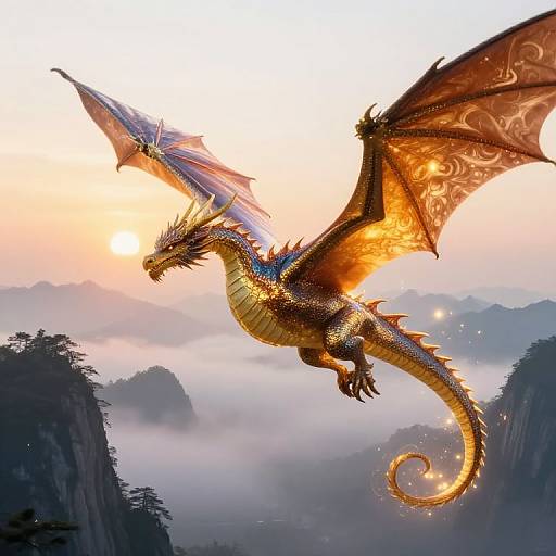 Digital illustration of a majestic, golden-orange dragon with blue-spiked crest and translucent wings soaring above misty mountains at sunrise.