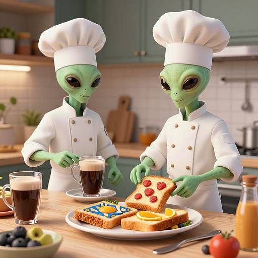 Alien Chefs Preparing Futuristic Brunch