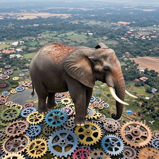 Aerial photograph of a large elephant standing on colorful, oversized gears, with a lush, suburban landscape in the background.