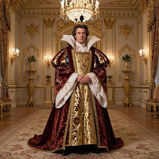 Photograph of a man in an ornate, gold and maroon Renaissance-style robe with white fur collar, standing in an opulent, gold-de
