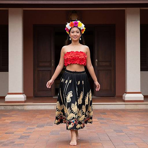 Photograph of a young woman with tan skin, wearing a red floral bustier and black skirt with gold floral patterns, adorned with a colorful flower crown