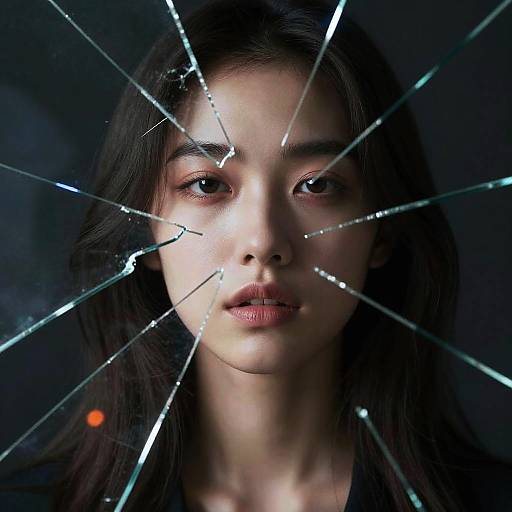 Photograph of a woman with dark hair, light skin, and serious expression, with multiple cracks radiating from her forehead against a dark, smoky