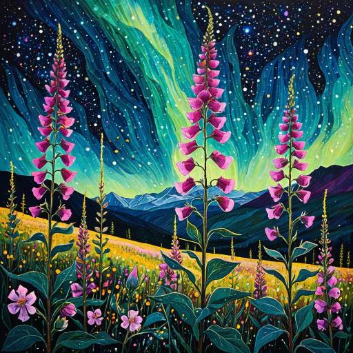 Cosmic Foxglove Dreamscape with Aurora Borealis