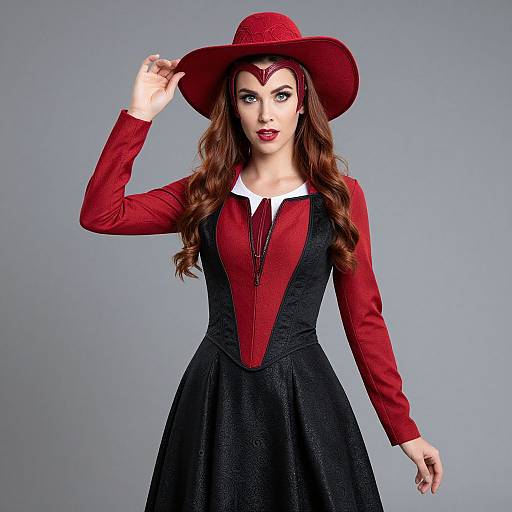 Photograph of a fair-skinned woman with long brown hair, red hat, red blouse, black dress, white collar, hand adjusting hat, gray