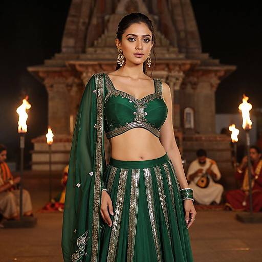 Photograph of an Indian model in a green, silver-embellished traditional lehenga-choli, standing in front of a lit temple at night