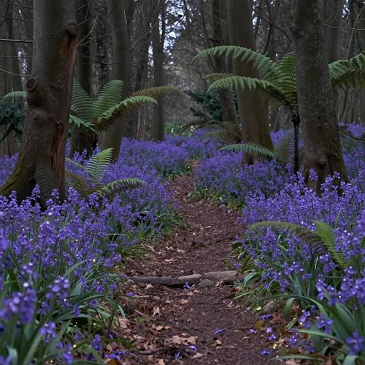Dreamy Forest Path with Violet Flowers