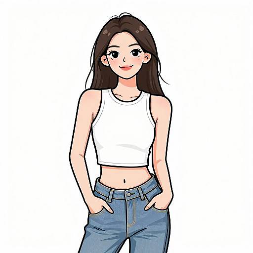 Digital anime-style drawing of a cute young woman with long black hair, wearing a white crop top and blue jeans, hands in pockets, smiling against a