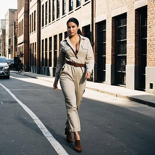 Woman Walking in Beige Utility Jumpsuit