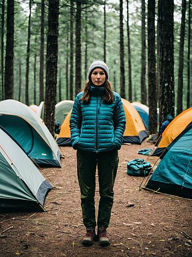 Photograph of a young woman in a blue puffer jacket and white beanie standing in a forest campsite with colorful tents.