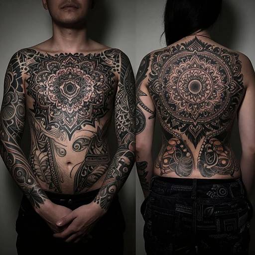 Photograph of a tattooed Asian man, front and back view, showcasing intricate black mandala and floral designs covering his chest, arms, and back