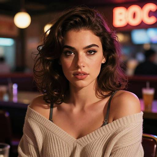 Photograph of a woman with wavy dark hair, wearing an off-shoulder white sweater, sitting in a dimly lit bar with neon lights