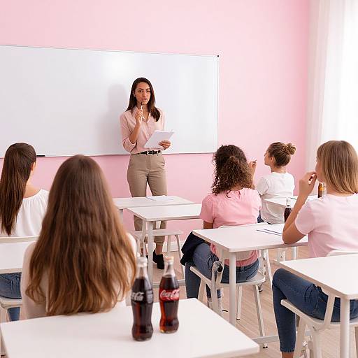 Photograph of a female teacher with long brown hair, pink blouse, and beige pants, lecturing six female students in a brightly lit classroom with white