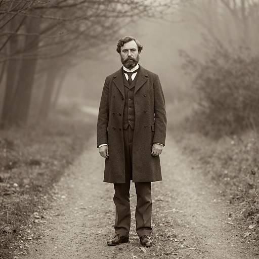 Vintage Portrait of Man in Three-Piece Suit on Forest Path