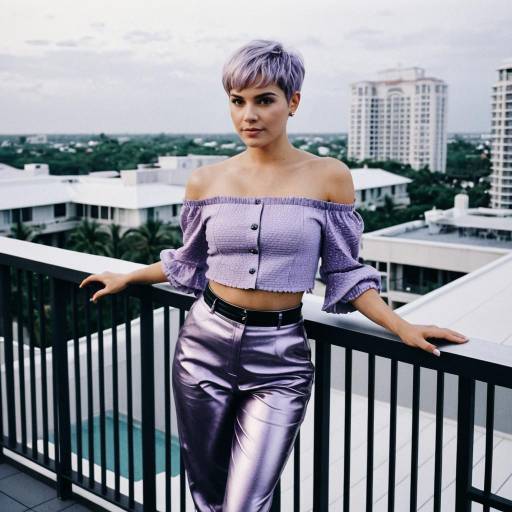Woman in Lilac Outfit on Rooftop Balcony