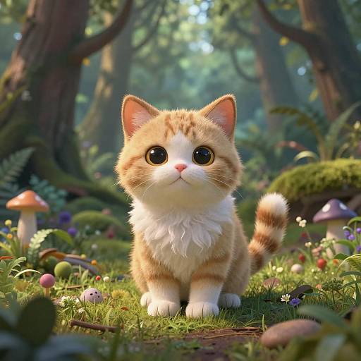 Charming Small Cat in Lush Spooky Forest