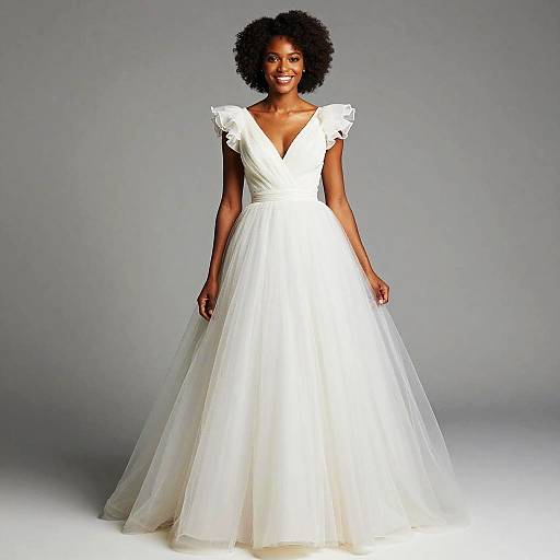 Photograph of a smiling Black woman with natural afro, wearing a white, V-neck, sleeveless wedding gown with a full tulle skirt,