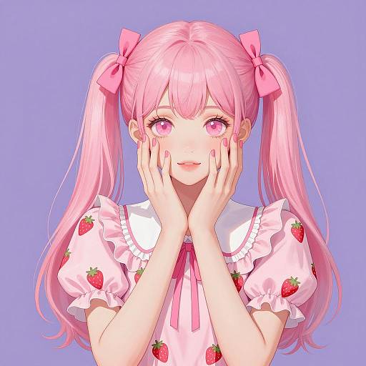 Digital Illustration of Pink-Haired Girl with Strawberry Dress