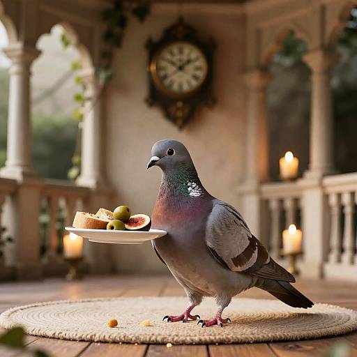 Wood Pigeon Holding Plate with Olives and Fig