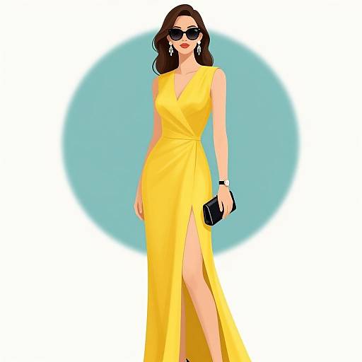 Digital illustration of a confident woman in a sleeveless, yellow, V-neck gown with a thigh-high slit, holding a black clutch, wearing sunglasses,