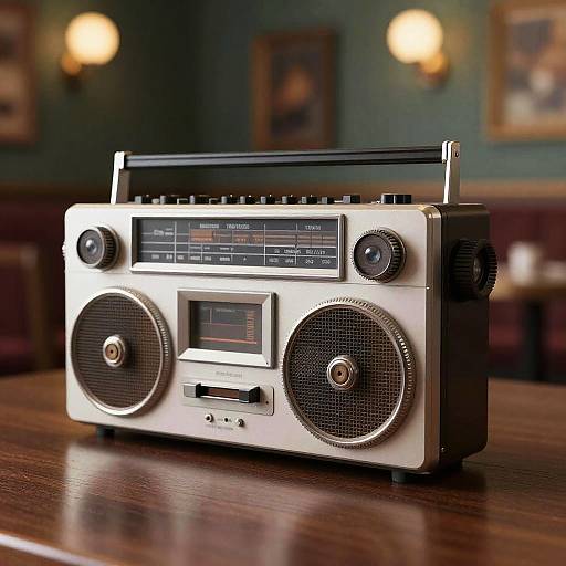Photograph of a vintage silver portable radio with large speakers, display, and tuning dial, placed on a wooden table in a dimly lit, cozy