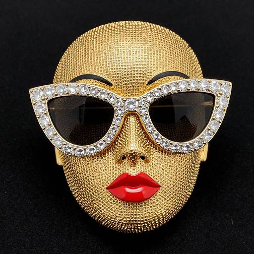 Gold mesh mannequin head with glittery white rhinestone sunglasses, bold red lips, and black background, photographed in vivid detail.