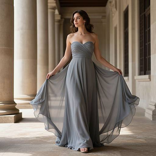 Elegant Woman in Flowing Gray Gown