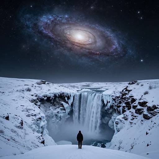 Photograph of a lone figure standing on snowy cliff, gazing at a massive waterfall under a starry sky with a visible galaxy.
