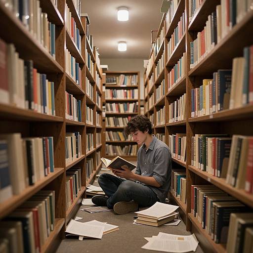 Photograph of a curly-haired young man in a blue shirt, sitting cross-legged on library floor between tall wooden bookshelves, reading a book amidst