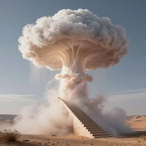 Photorealistic digital artwork: A massive, mushroom-shaped cloud erupts from a descending staircase in a desert, with bright sun rays and swirling smoke.