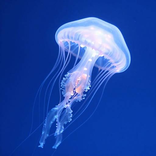Photograph of a glowing, translucent jellyfish with long, flowing tentacles against a deep blue background, showcasing its ethereal, bioluminescent
