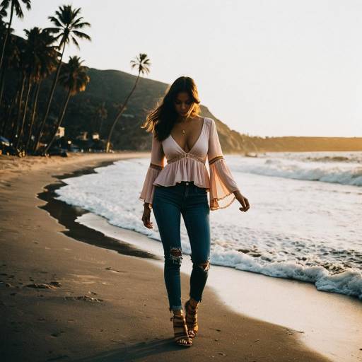 Woman Walking on Beach at Sunset