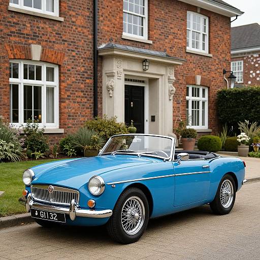 Photograph of a vibrant blue classic convertible Jaguar E-Type parked in front of a red-brick, two-story house with white-trimmed windows and