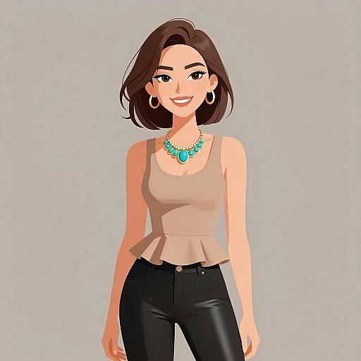 Digital illustration of a smiling woman with short brown hair, wearing a beige top, black pants, turquoise necklace, and hoop earrings.