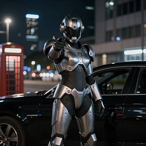 Person in Metallic Sci-Fi Armor at Night