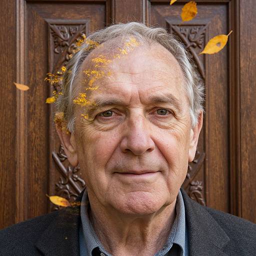 Photograph of an elderly man with gray hair, fair skin, and a slight smile, set against a wooden, intricately carved door with yellow leaves
